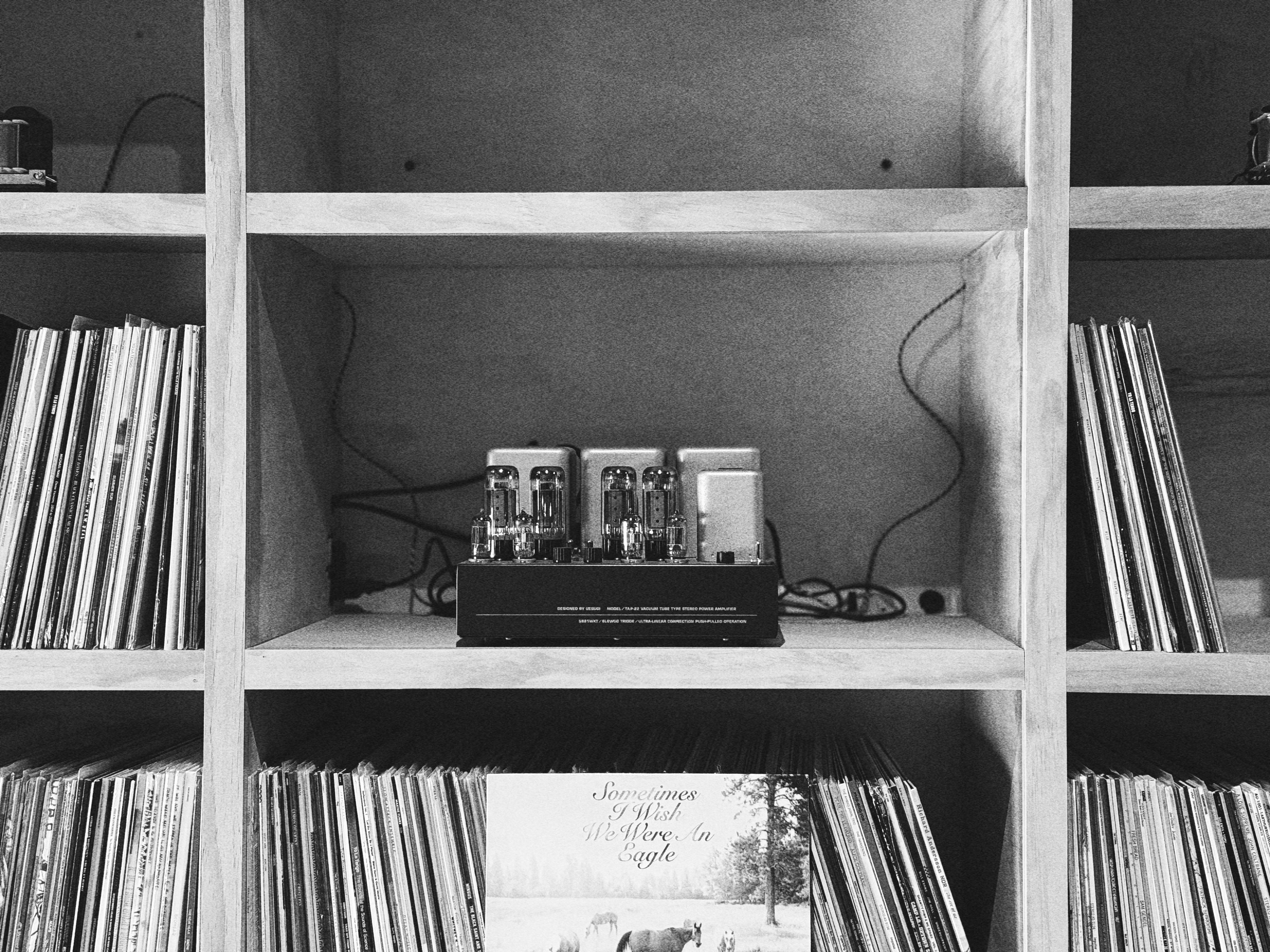 Tube amplifier centered in a record shelf surrounded by rows of vinyl.